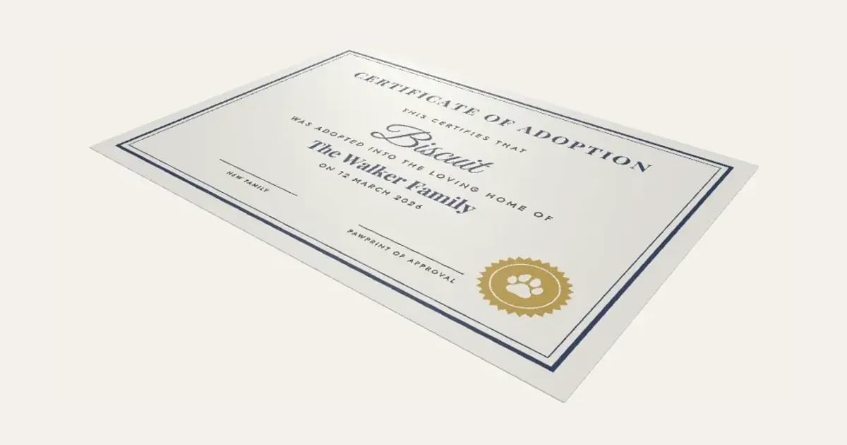 Pet Adoption Certificate: a customisable printable, shown at its starting settings