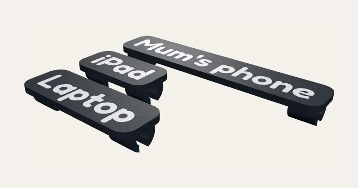 Charger and Cable Labels: a customisable 3D print, shown at its starting settings